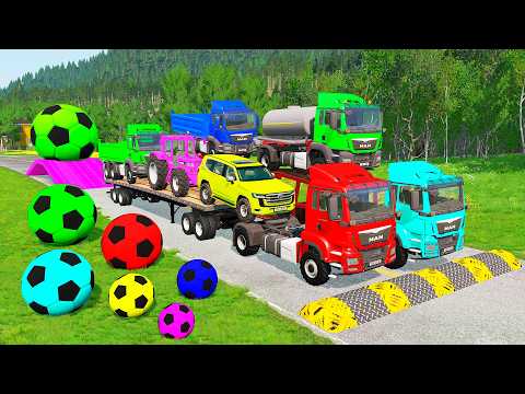 Flatbed Trailer McQueen Transportation with Truck - Speedbumps vs Cars vs Train - BeamNG.Drive #1