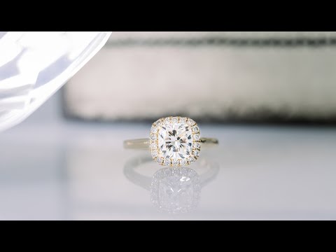 1.75 Carat Cushion Cut Lab Diamond Halo Engagement Ring in 14k Yellow Gold | Ada Diamonds