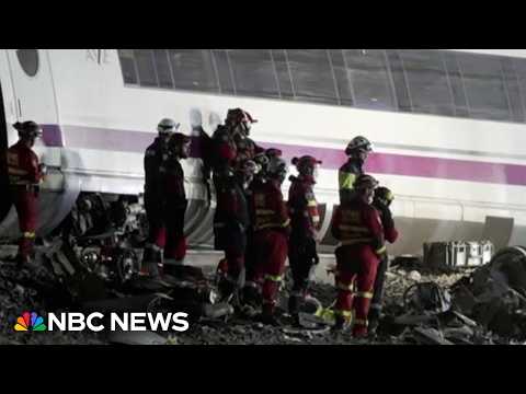 Rescue efforts continue into the night after deadly train collision in Spain