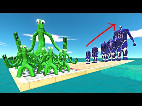 Rainbow Friends Green Team vs 7 Levels of Ice Colossal Titan - Animal Revolt Battle Simulator