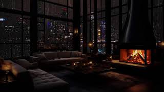 Regen in der City bei Nacht: Kaminfeuer und Stadtlichter für eine ruhige Atmosphäre