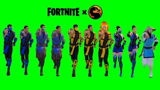 Mortal Kombat characters (Sub-Zero, Scorpion, Kitana, Raiden) doing the Fortnite default dance
