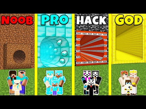Minecraft Battle: NOOB vs PRO vs HACKER vs GOD: TUNNEL HOLE BASE HOUSE BUILD CHALLENGE / Animation