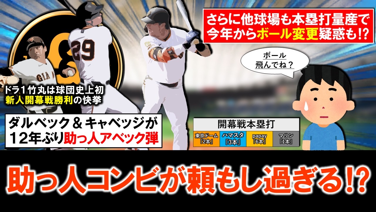 【もしかして、飛ぶ...？】巨人開幕戦で『ダルベック』＆『キャベッジ』が１２年ぶり助っ人アベック弾で助っ人コンビが頼もし過ぎる！？さらに他球場も本塁打量産で今年からついにボール変更疑惑も...！？