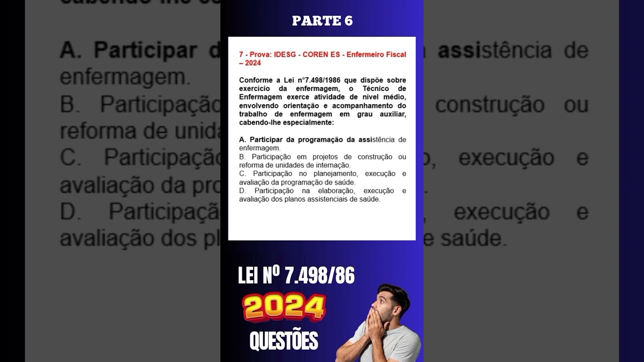 PARTE 6: LEGISLAÇÃO DO EXERCÍCIO DA ENFERMAGEM  - LEI Nº 7.498 DE 86 EM QUESTÕES 📚👩‍🏫🎯 #shorts