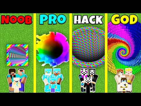 Minecraft Battle: NOOB vs PRO vs HACKER vs GOD: RAINBOW TUNNEL PIT HOUSE BUILD CHALLENGE / Animation