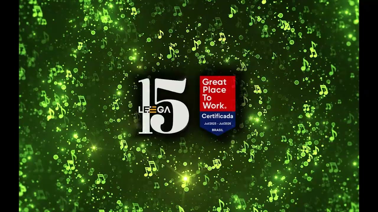 Leega 15 Anos: Loop com logo do evento e selo GPTW