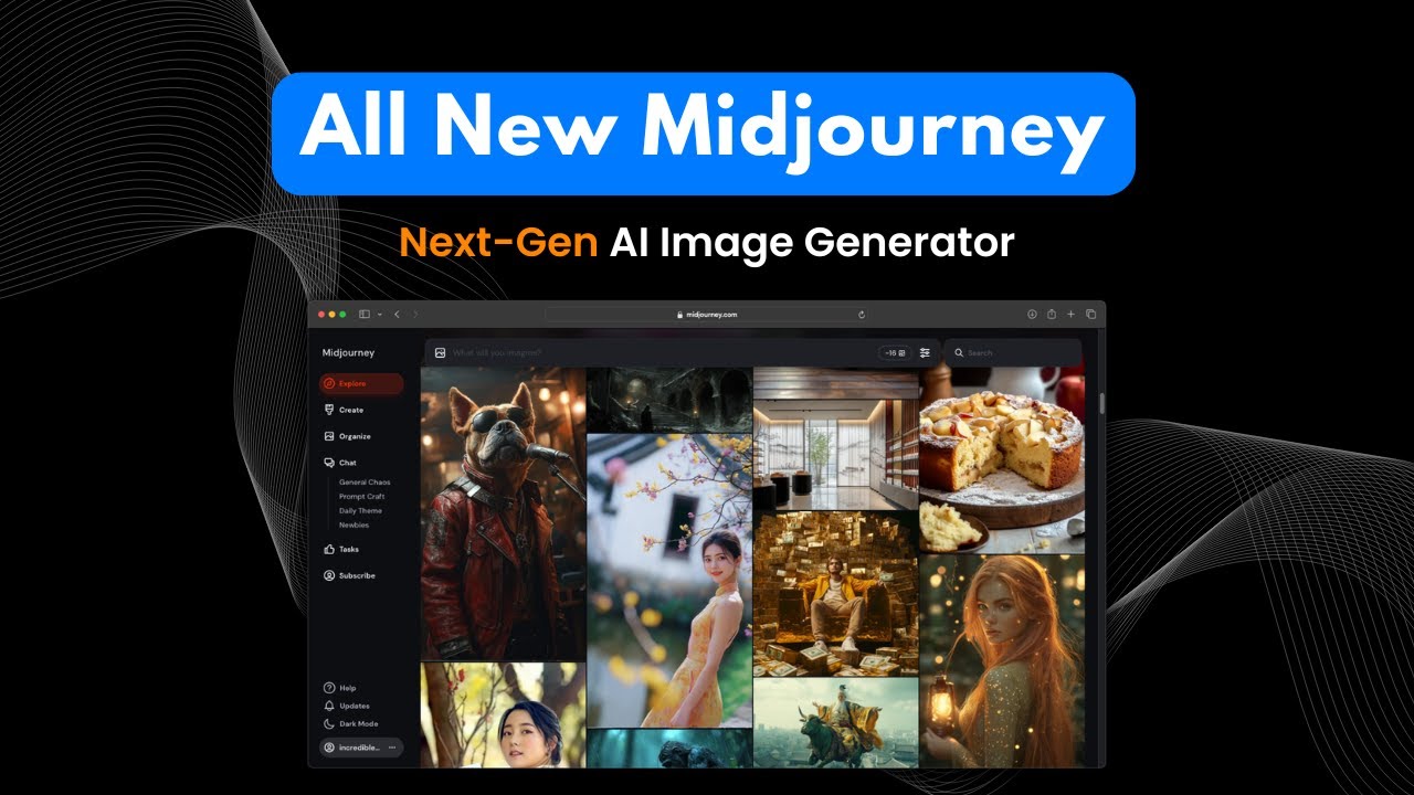 Midjourney web app Create page showing the sidebar navigation and a grid of generated images