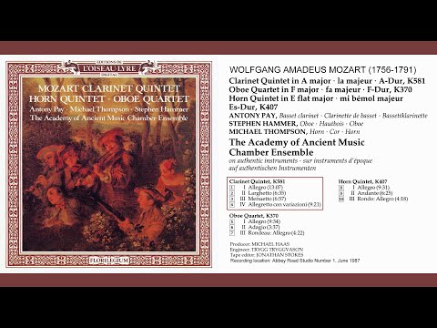 W.A. MOZART "Clarinet Quintet in A major, K581" Antony Pay/The Academy of Ancient Music Chamber Ens.