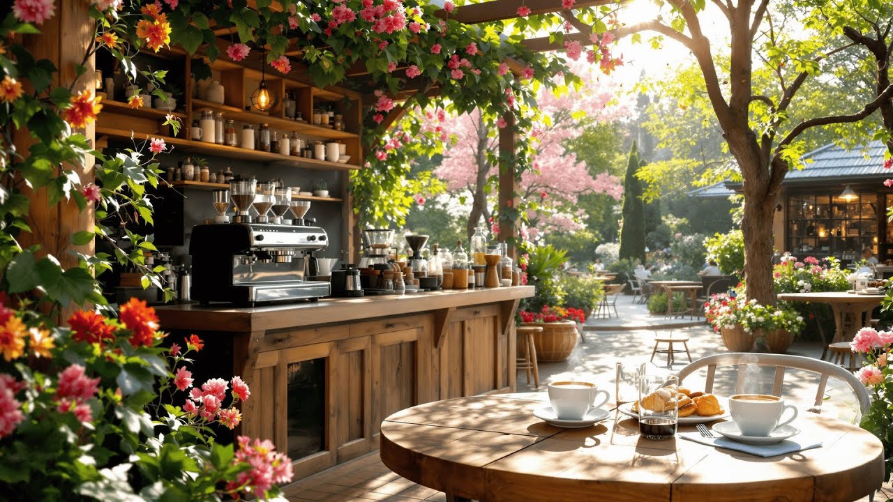 Positive Morning Jazz Garden ☕🌸 Tranquil Jazz Music at Warm Spring Coffee Shop Ambience for Relaxing