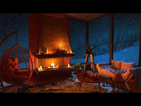 Ήχοι χιονοθύελλας και χιονοθύελλας με δυνατό αέρα και τζάκι για ύπνο, χαλάρωση, μελέτη, διαλογισμό