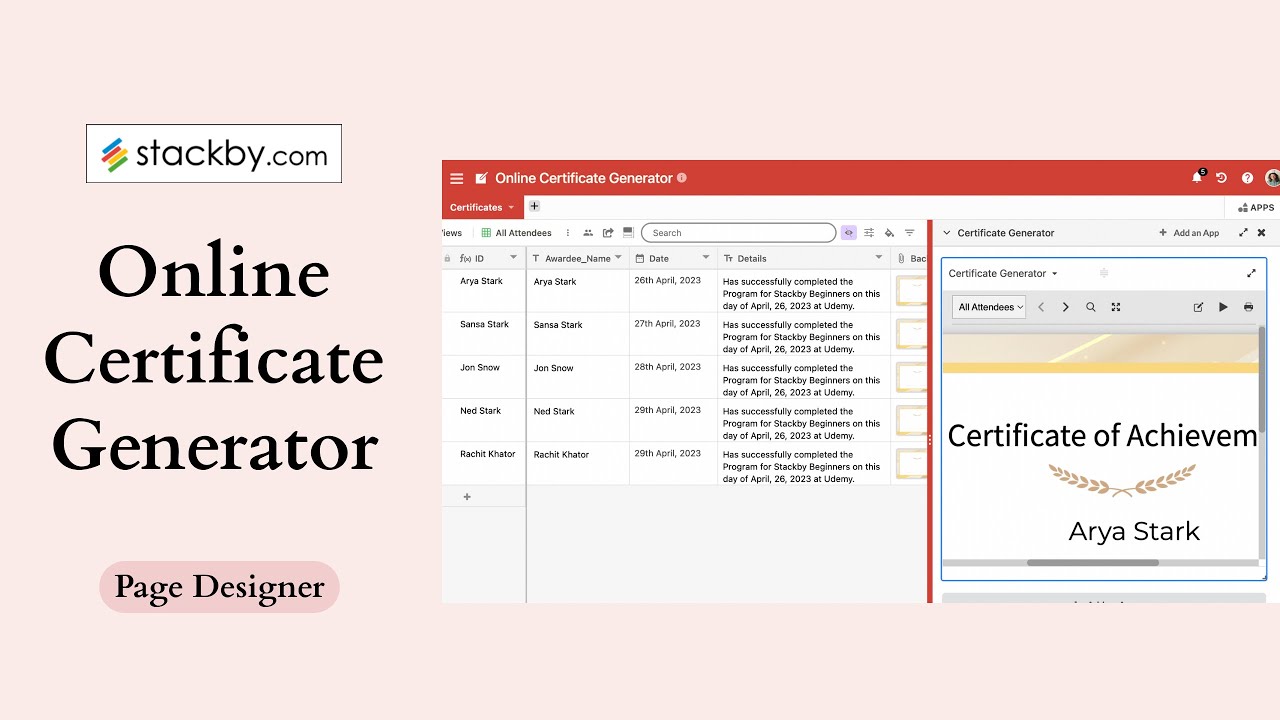 Online Certificate Generator | Stackby Page Designer App