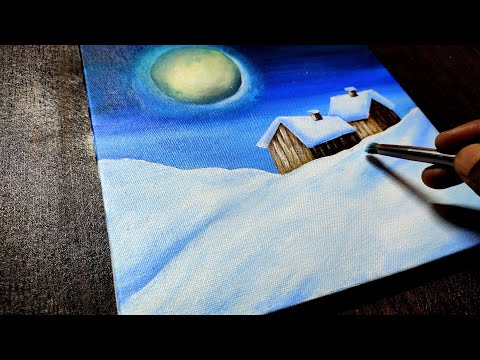 Easy winter snowfall scenery drawing for beginners / Acrylic painting ideas
