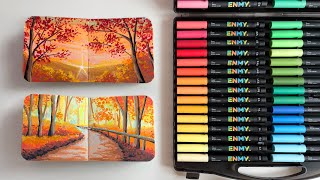 🍂 painting cozy autumn landscapes! 🍁 enmy acrylic markers unboxing and review 🧡