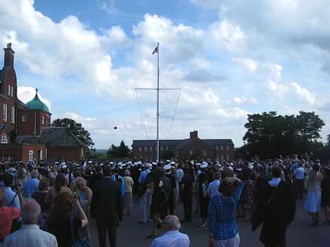Upper 6th Leaver 2009 Pangbourne College  Champane & Hat's off under the flag pole!