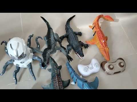 Unboxing & testing rc robotic spray remote control-dinosaurs mosasaur crocodile shark octopus toys
