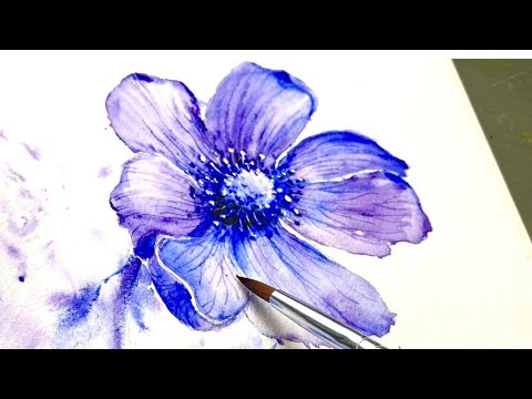 Watercolor- Purple Anemone Flower-WET on WET technique-How to use nail-Tutorial Step by Step.