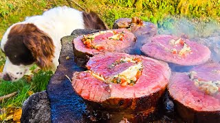 Stuffed BEEF TENDERLOIN + Baked Potatoes Cooked on HOT STONES | ASMR Relaxing Cooking