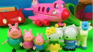 Peppa Pig Daddy pig and George fly a pink airplane to visit Hello Kitty play doh play