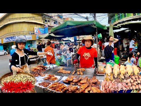 Best Popular Cambodian Street Food @ Olympic Market | Delicious Grilled Chicken, Duck, Fish, Pork