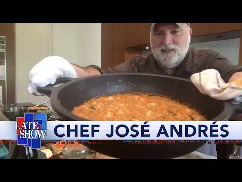 Chef Jose Andres And Stephen Colbert Are Cooking With Love (And Making A Mess)