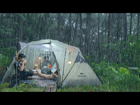 🏕️ Cozy Rain Camping in a cozy Tent ‼️ Heavy Thunderstorm & Lightning ⛈️