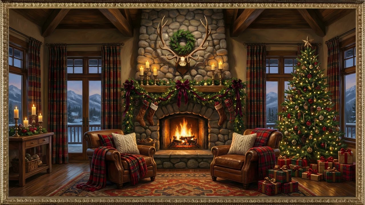 Cozy Mountain Lodge Christmas Fireplace Gold Frame TV Art | 2 Hours 4K — 4K ambient art screensaver in baroque gold frame
