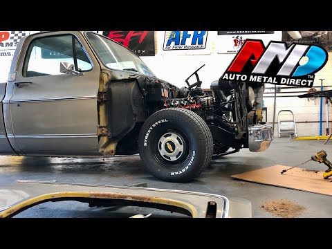 Squarebody C10 gets new fender, hood and wheel wells.