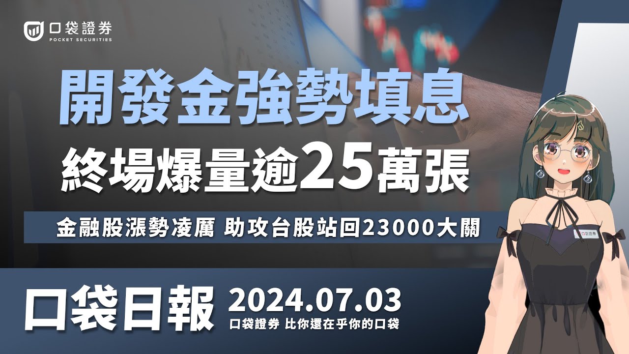 【口袋日報】開發金強勢填息,爆量逾25萬張,金融股漲勢凌厲,助攻台股站回23000大關!2024.07.03