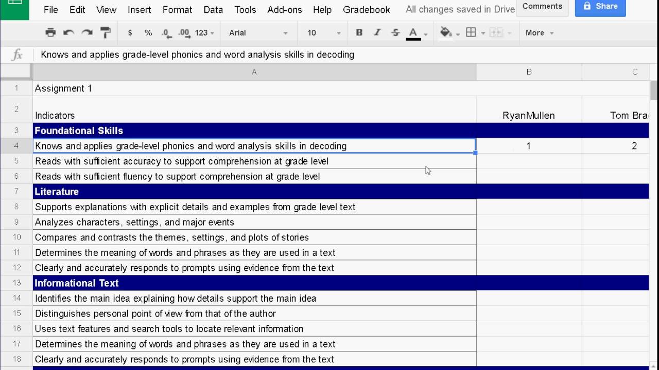 Google Sheets SBG Gradebook