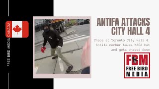 Chaos at Toronto City Hall 4: Antifa member takes MAGA hat and gets chased down