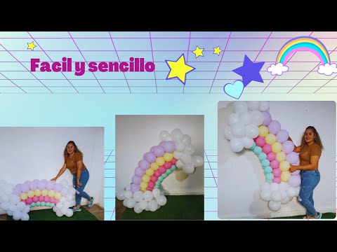 como hacer arcoiris de globos -decoracion con globos -arcoiris de media pared .