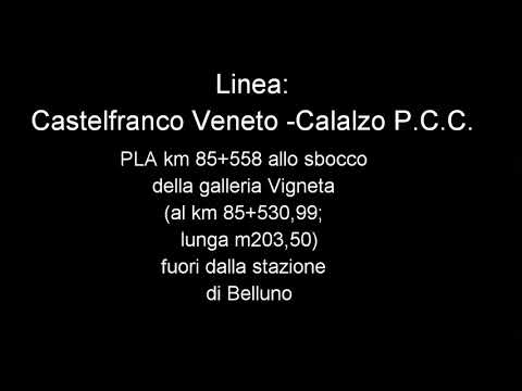Treno al passaggio a livello tra il ponte sul torrente Ardo e la stazione di Belluno.