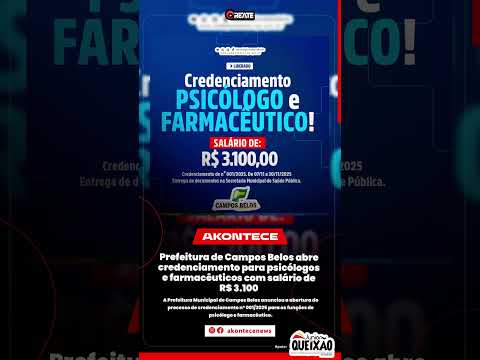 Prefeitura de Campos Belos abre credenciamento para psicólogos e farmacêuticos com salário de R$ 3.1