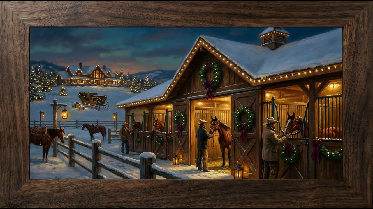 Christmas Horse Barn Ranch Twilight Rustic Wood Frame TV Art | 2 Hours 4K — 4K ambient art screensaver in baroque gold frame