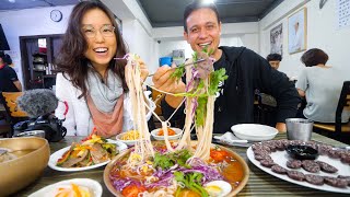 North Korean Food in Seoul - RAINBOW NOODLES + Big Beef Hot Pot in South Korea! (ft. Miss Mina) - YouTube