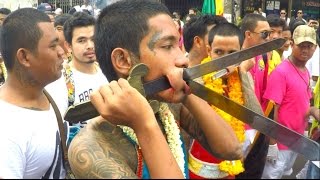 Phuket Vegetarian Festival 2015, Street procession, with extreme facial piercings