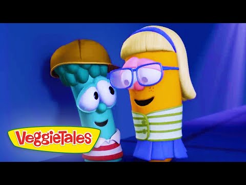 Two VeggieTales characters wearing glasses laugh together, with the VeggieTales logo in the lower left corner.