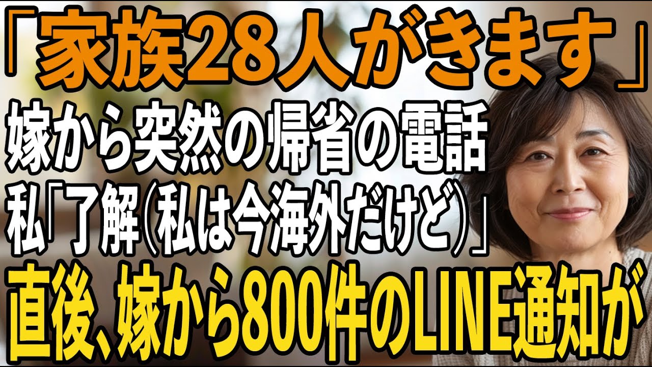 「家族28人きますからね」朝一に突然かかってきた息子嫁の電話。私は静かに微笑み「楽しみね（私は海外旅行だけど）」→当日、半狂乱の嫁から800件のLINE通知が...【シニアライフ】【60代以上の方へ】