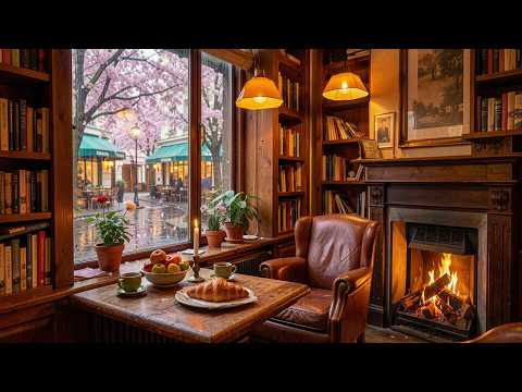 Relaxing March Jazz in a Cozy Book Café | Rainy Spring Window & Fireplace Ambience for Study