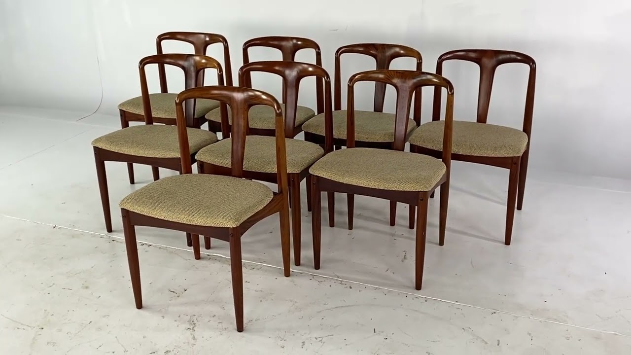 Watch video Johannes Andersen Mid Century Rosewood Julian Dining Chairs - Set of 8 Now Johannes Andersen Mid Century Rosewood Julian Dining Chairs - Set of 8