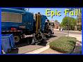 Trash goes flying! Smokin' Garbage Truck Fail!