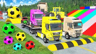 Triple Flatbed Trailer Cars Transportation with Truck - Speedbumps vs Cars vs Train - BeamNG #28