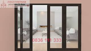 Cửa đi mở quay 4 cánh nhôm Xingfa Quảng Đông tem đỏ màu nâu cafe bản lề 4D