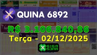Resultado da Quina 6892, Terça-feira, 02/12/2025