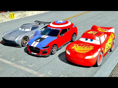 Lightning McQueen vs Captain America Ford Mustang Shelby 500 vs Jackson Storm - Drag Race 10 KM