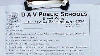 DAV Class 7 Science Half Yearly Question paper 2024 DAV class 7 Science question Paper.