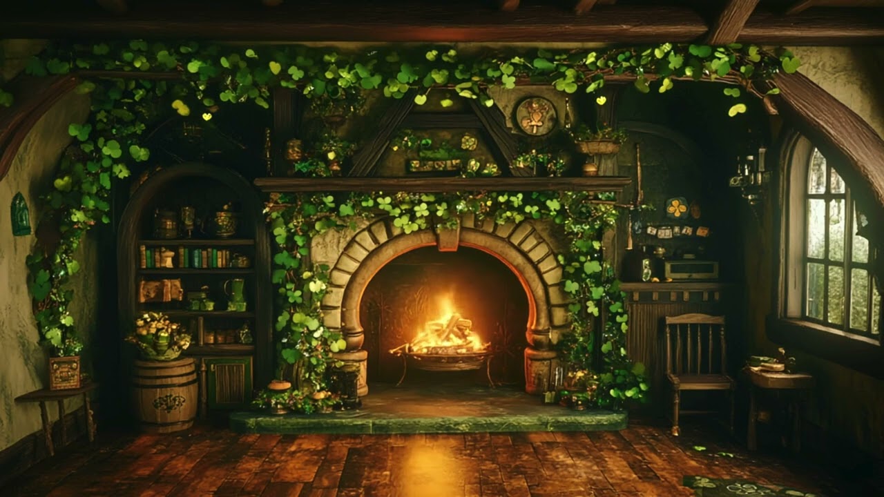 10 Hours Leprechaun’s Cozy Home Fireplace | Shamrock-Filled St. Patrick’s Ambience in 4K