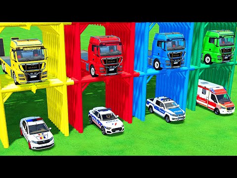DACIA, AUDI, VOLKSWAGEN POLICE VEHICLES & EMERGENCY MERCEDES AMBULANCE CARS TRANSPORTING - FS22