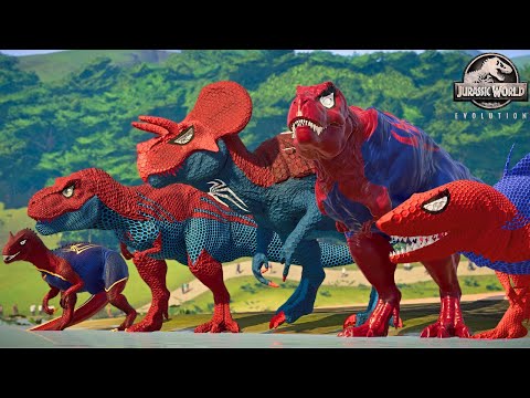 ALL RED Spider-man Battle in Jurassic World |Dinosaur Pro Team|
